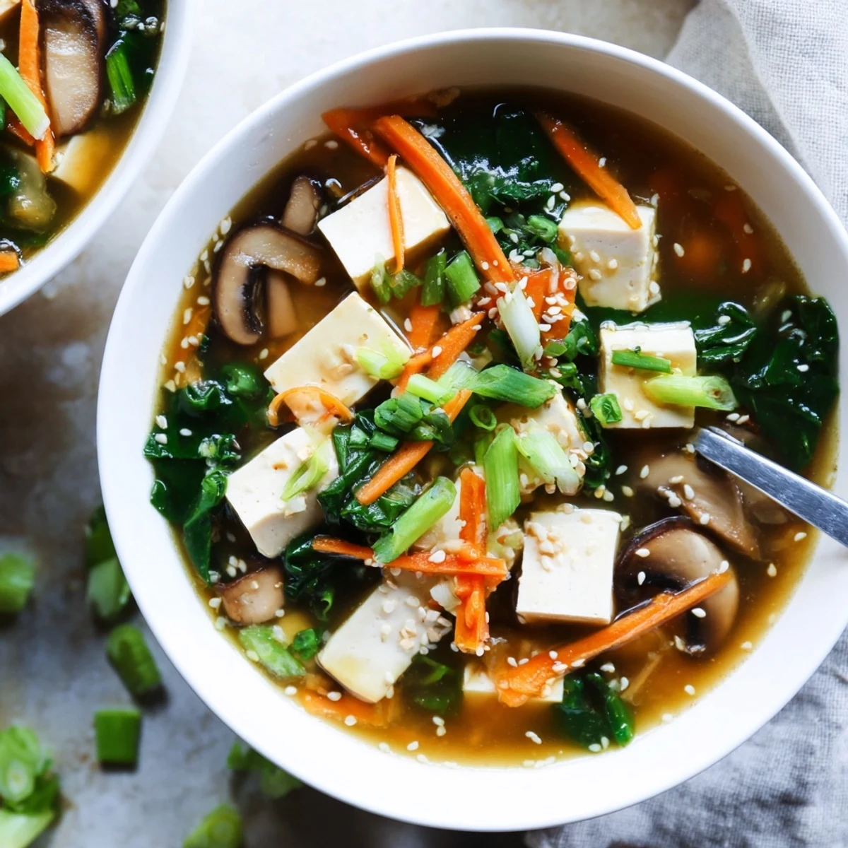 Comforting warm tofu soup featuring cubed tofu, crisp carrots, and green onions garnished with toasted sesame seeds