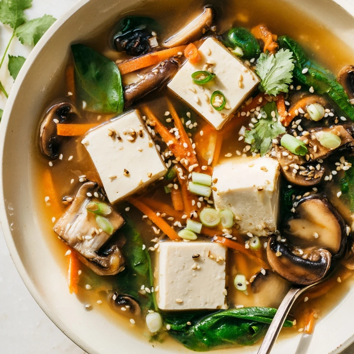 Rustic ceramic bowl filled with nourishing warm tofu soup swimming with baby spinach and aromatic ginger broth