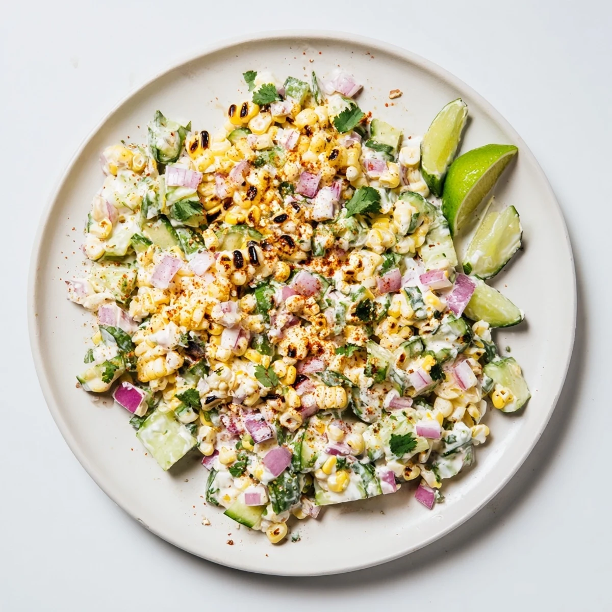 Colorful street corn creamy cucumber salad with charred corn, crisp vegetables, and cotija cheese topping
