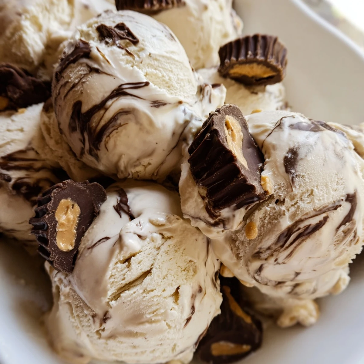 Creamy homemade moose tracks ice cream with fudge swirls and peanut butter cups in a chilled glass bowl