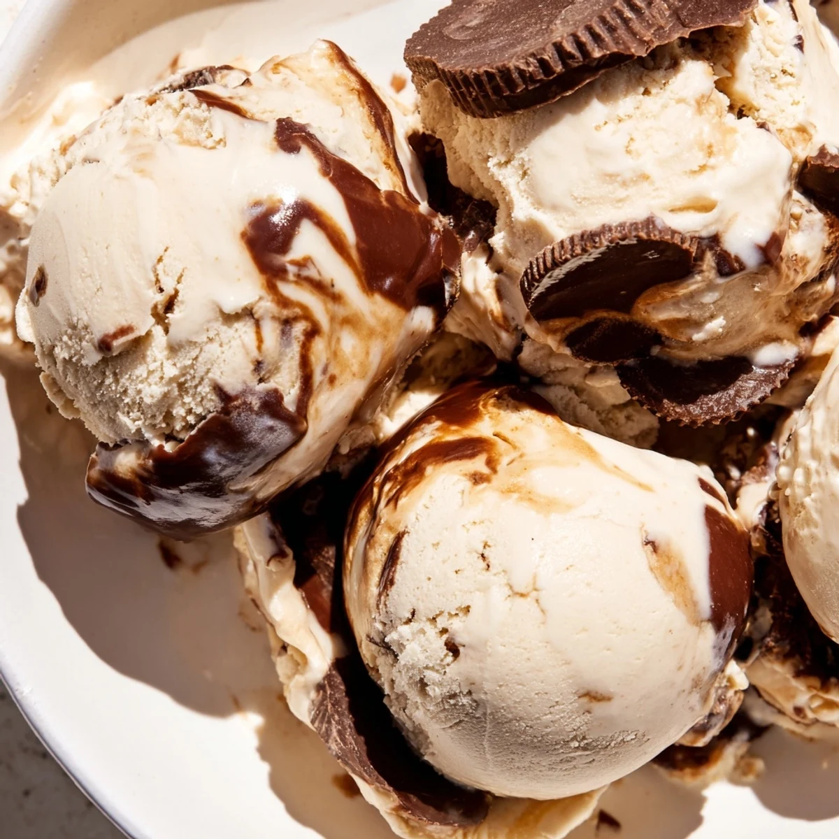 Scoop of rich vanilla homemade moose tracks ice cream topped with chocolate peanut butter cup halves