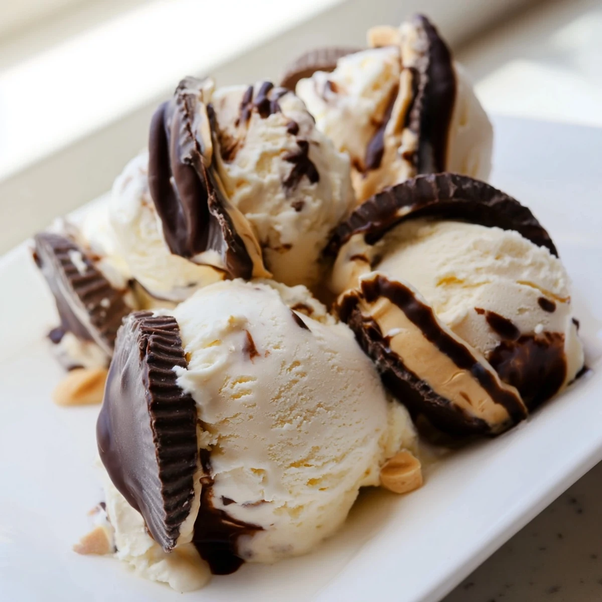 Homemade moose tracks ice cream displaying marbled chocolate fudge ribbons and candy mix-ins on a white spoon
