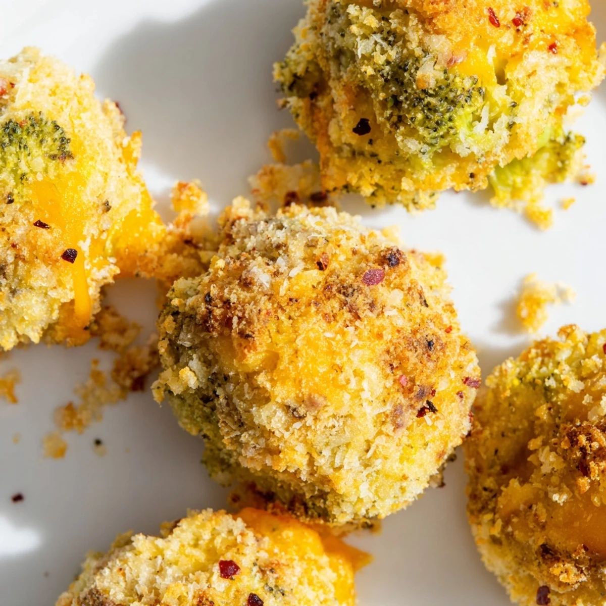 Golden baked broccoli and cheese balls arranged on a white serving platter with marinara dipping sauce