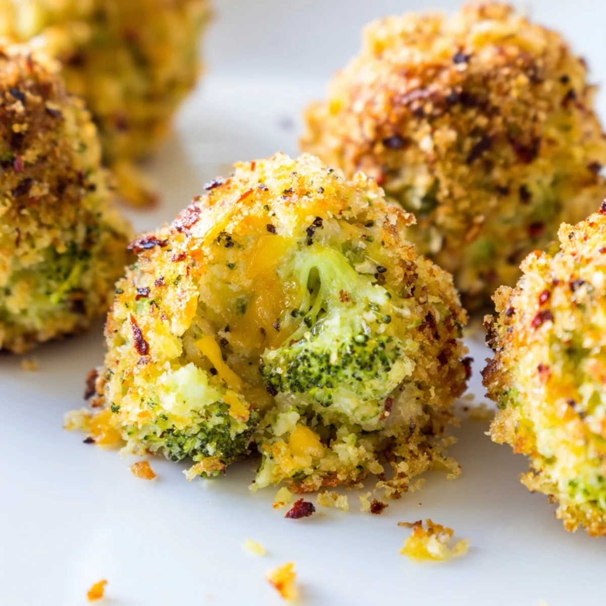 Crispy golden broccoli and cheese balls fresh from the oven with visible melted cheddar centers