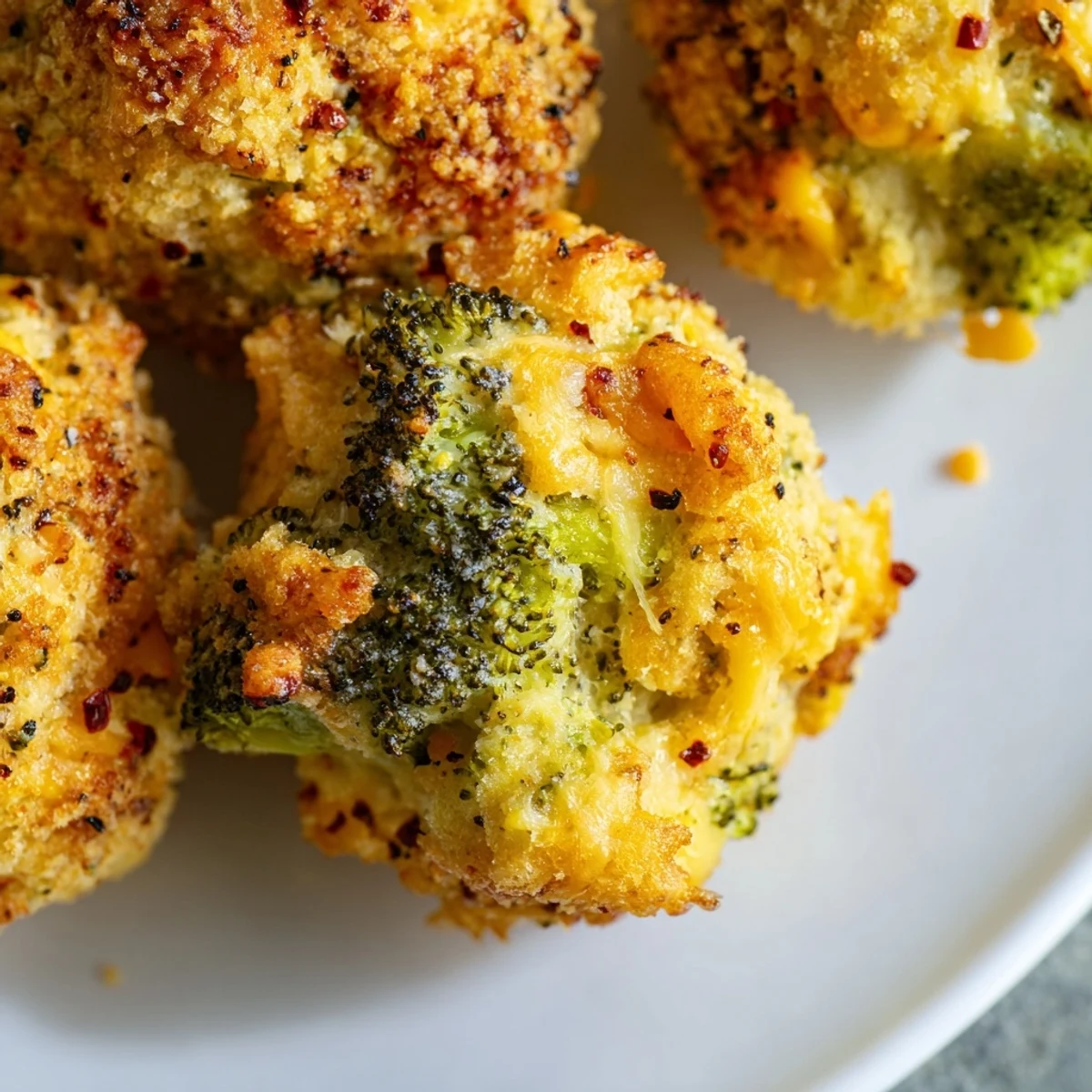 Close up of baked broccoli and cheese balls showing the crunchy exterior texture and green broccoli pieces