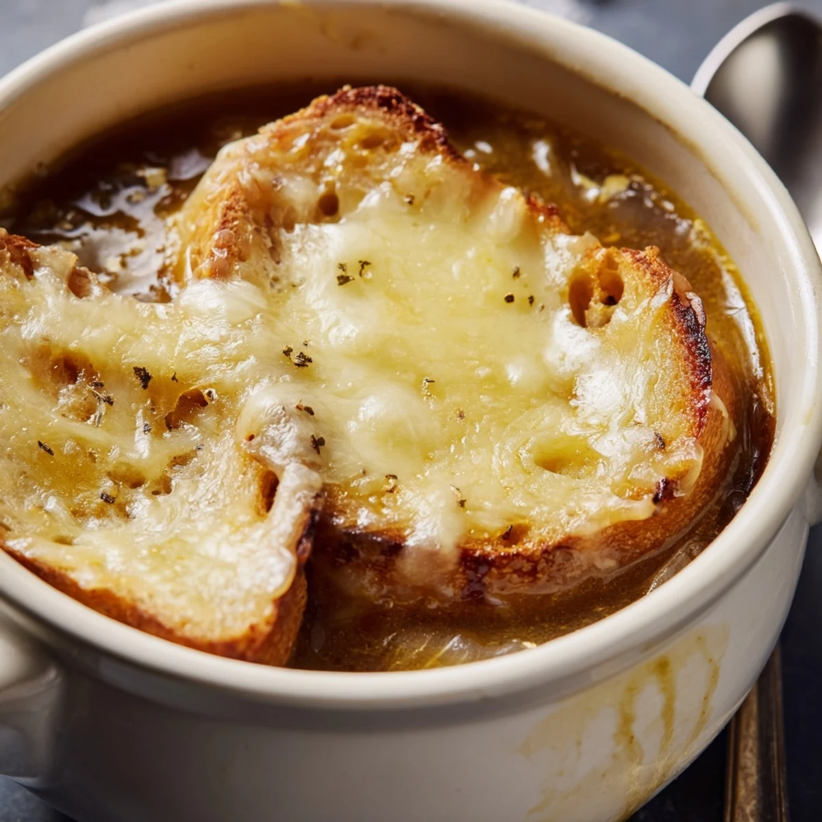 Golden brown caramelized onions float in rich French Onion Soup with melted Gruyère cheese topping