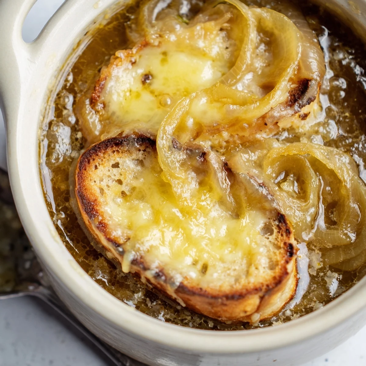 Brothy bowl of French Onion Soup featuring toasted baguette slice under bubbly golden cheese crust