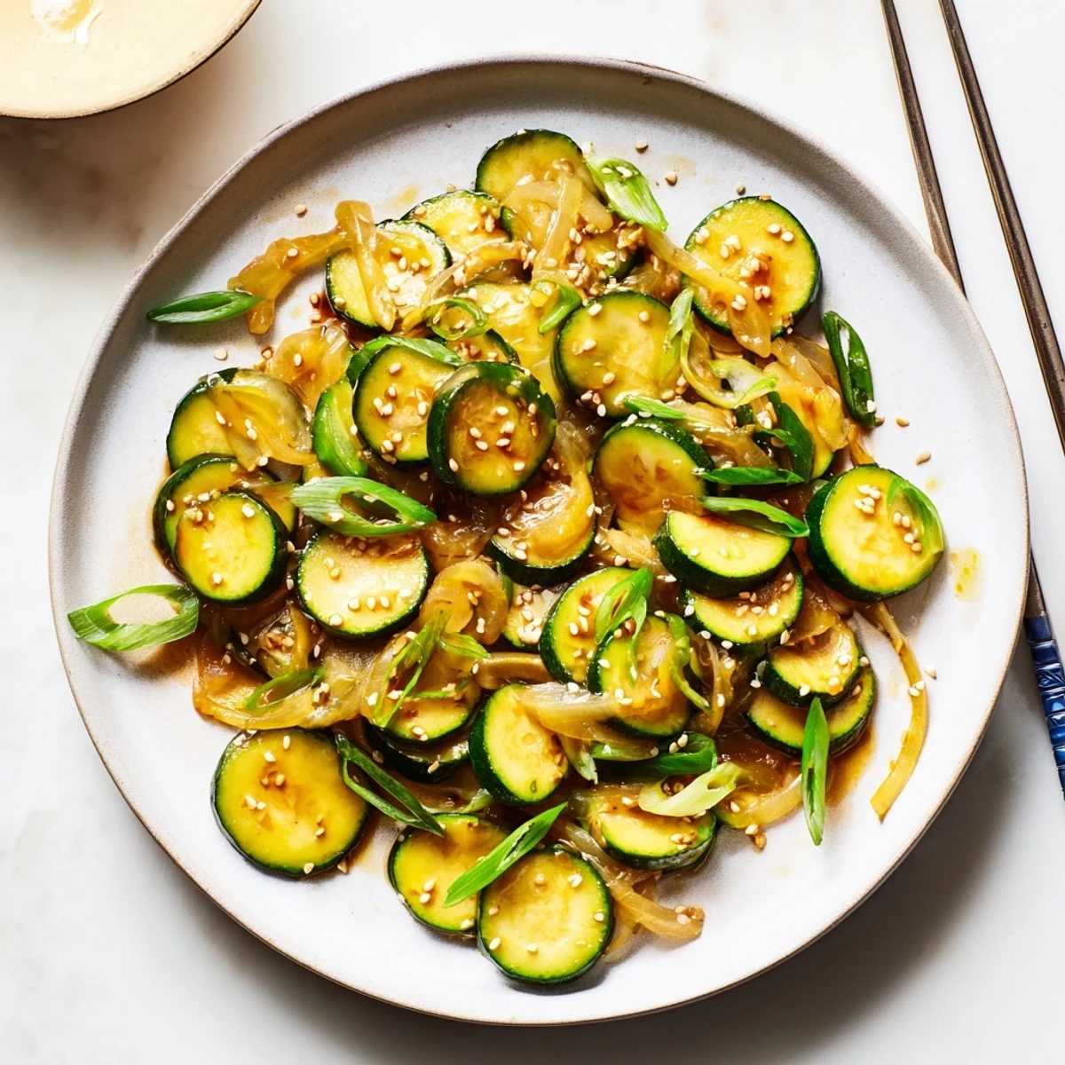 Golden zucchini half-moons and sweet onions glazed in savory Japanese soy sauce with toasted sesame seeds