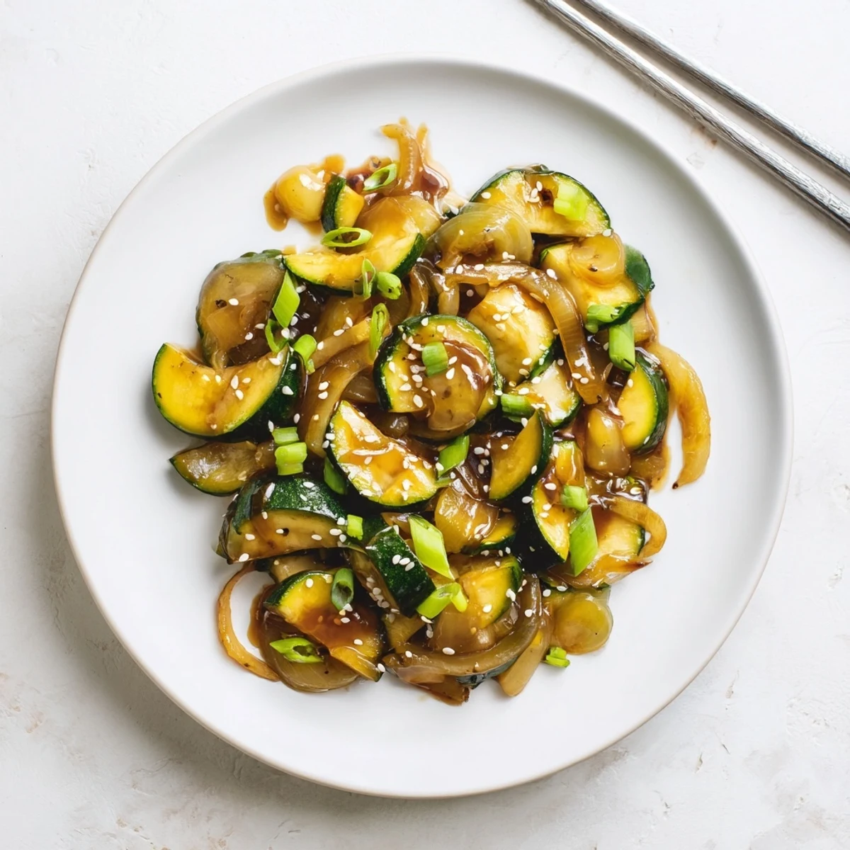 Fresh ginger-scented zucchini stir fry with thinly sliced yellow onions in a glossy soy-mirin glaze