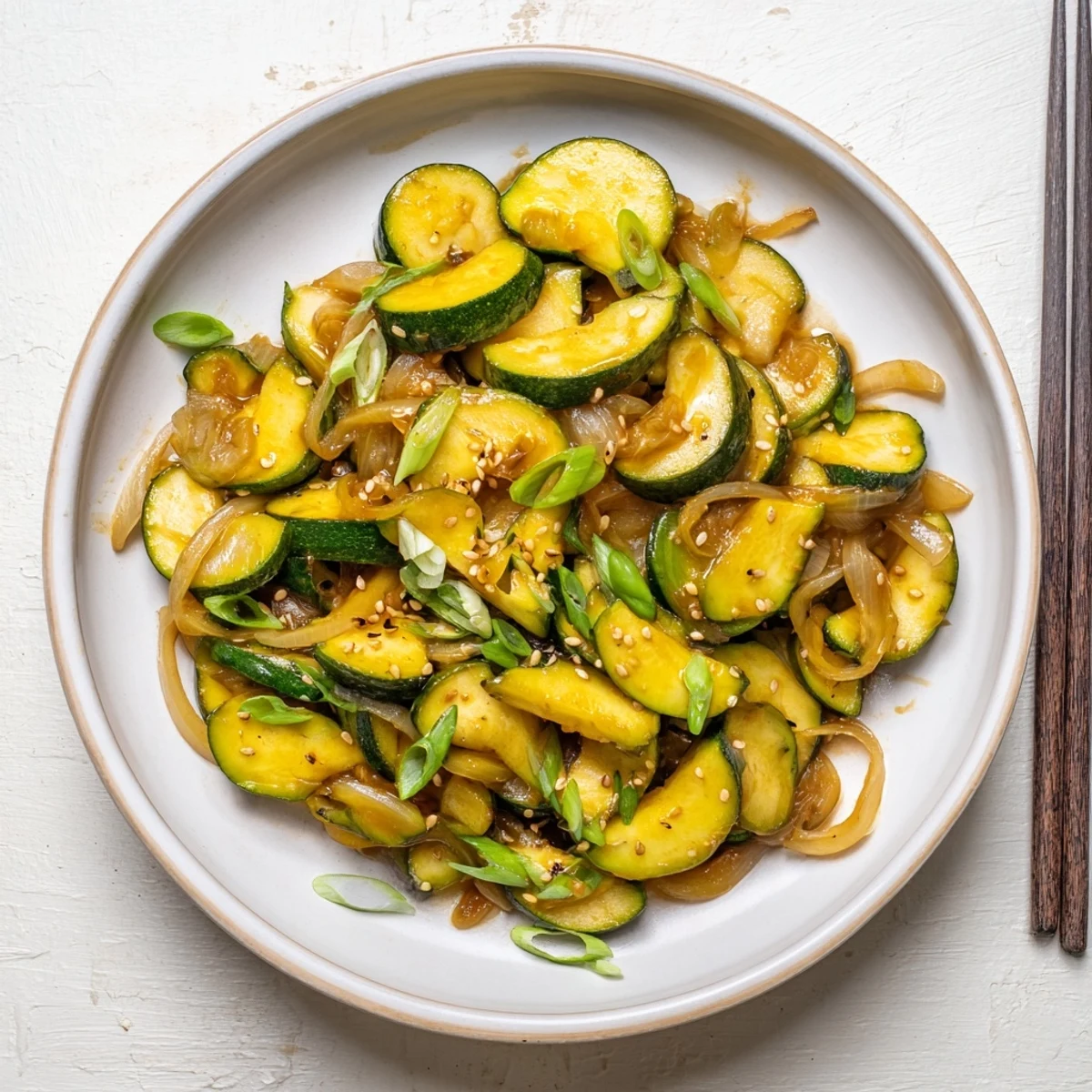 Wok-tender zucchini and caramelized onions glistening with mirin and sesame oil over steaming white rice