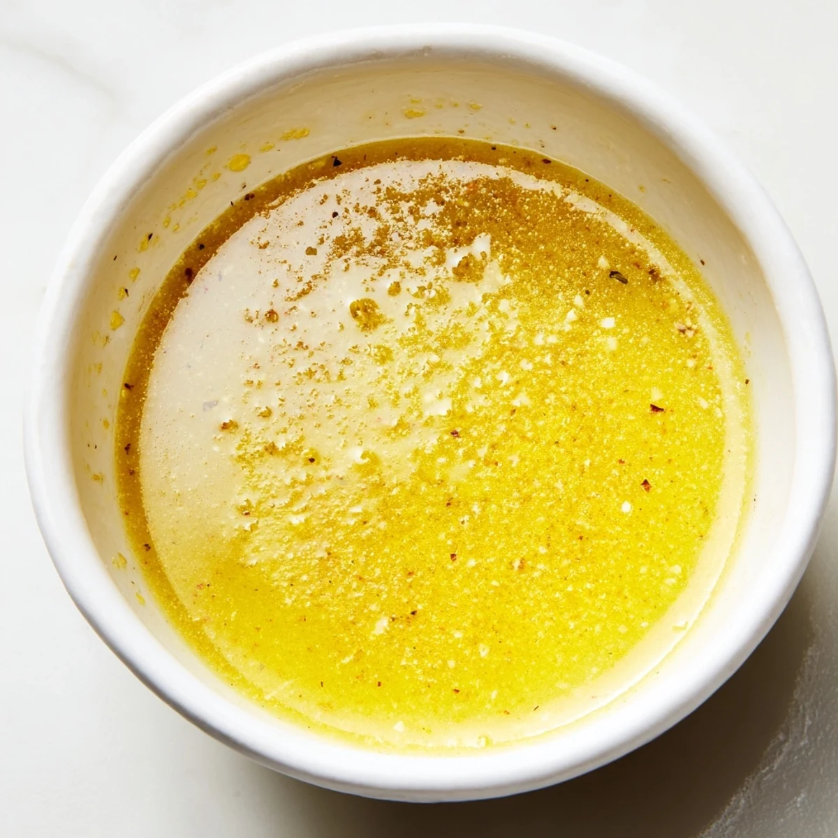 Glass jar of bright lemon vinaigrette dressing with oil droplets and fresh herbs