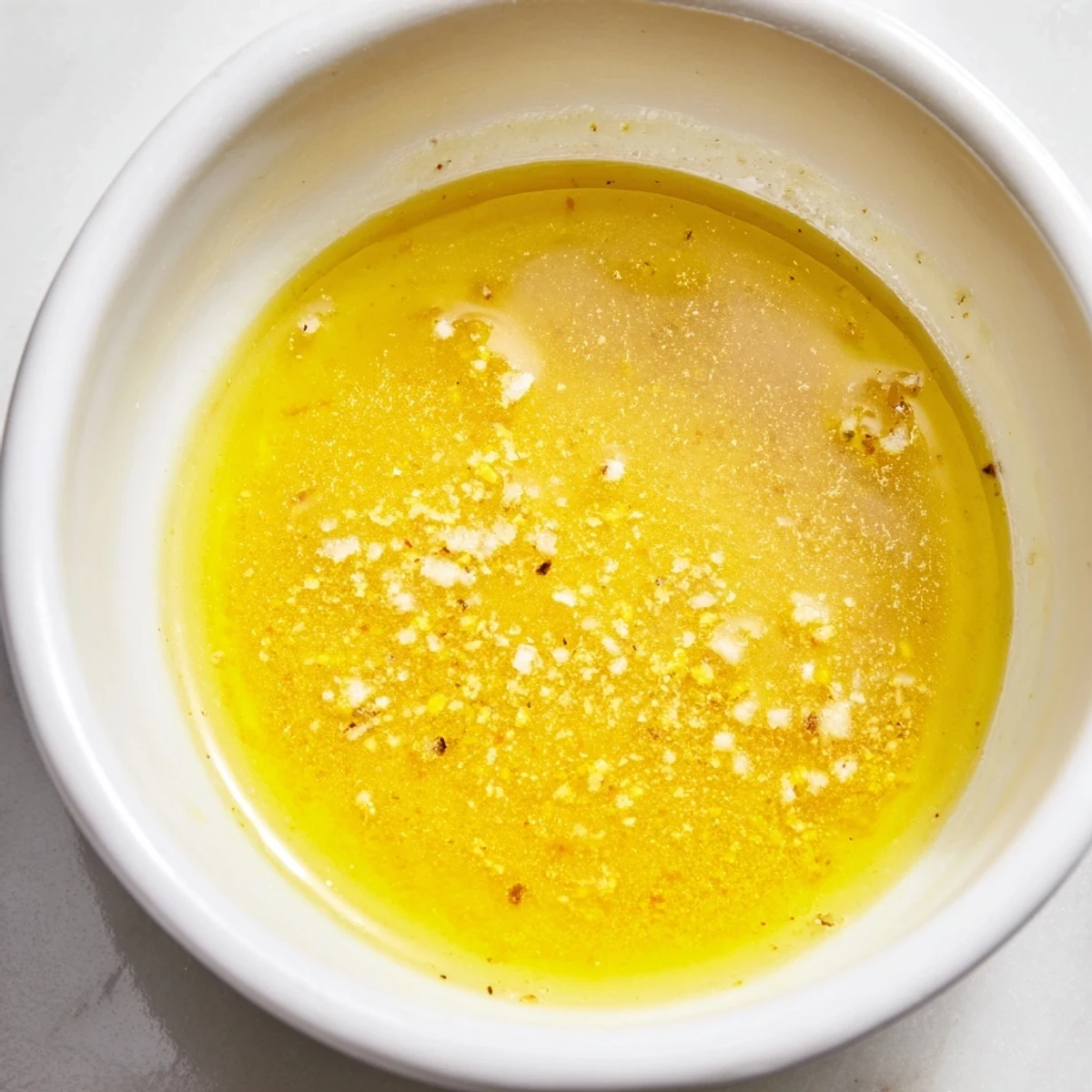 Golden emulsified bright lemon vinaigrette dressing drizzled over crisp mixed green salad