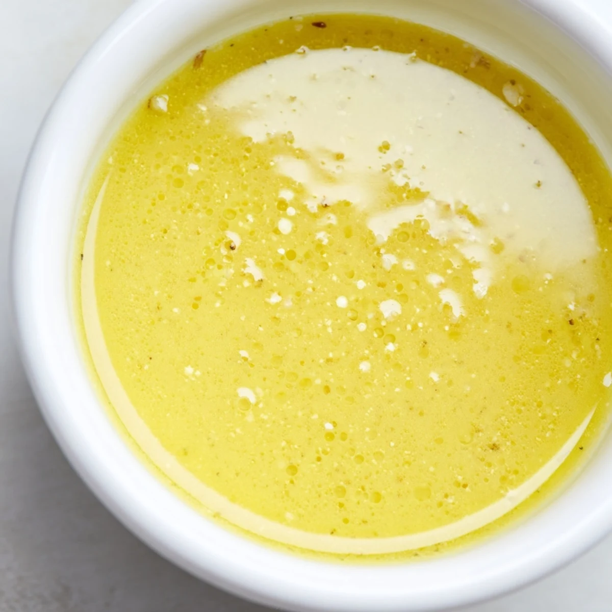 Small bowl of creamy bright lemon vinaigrette with lemon zest garnish and whisk