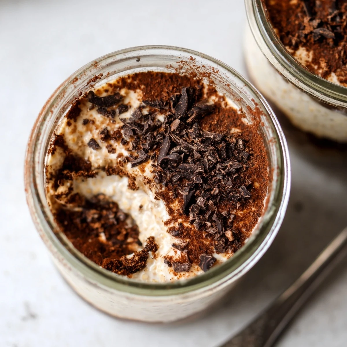 Italian-inspired tiramisu overnight oats featuring mascarpone swirled through espresso-infused creamy oatmeal layers