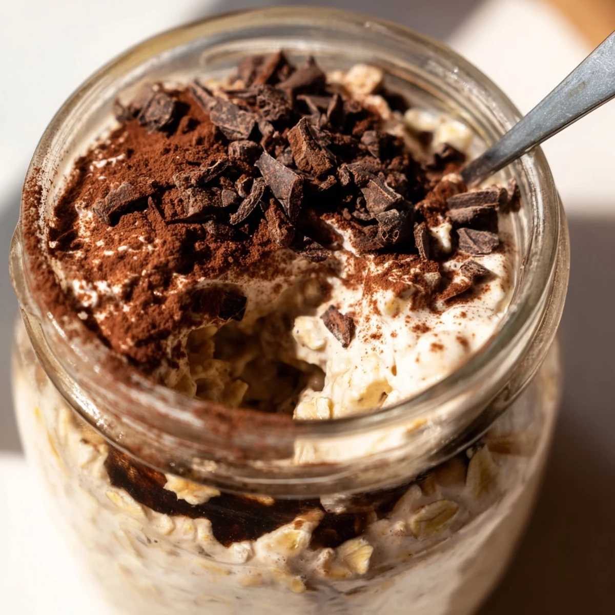 Decadent tiramisu overnight oats topped with dark chocolate shavings and a sprinkle of cocoa