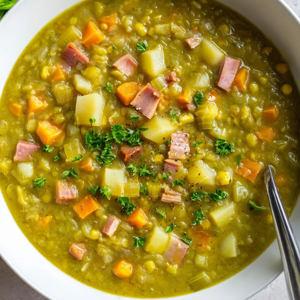 Golden split pea soup simmering with diced vegetables in a rustic Dutch oven
