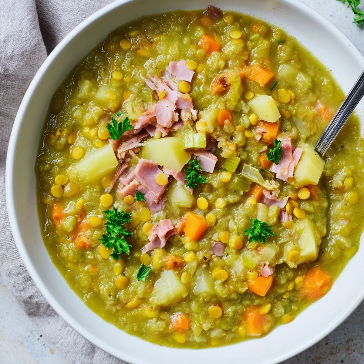Creamy hearty split pea soup topped with chopped parsley in a white ceramic bowl