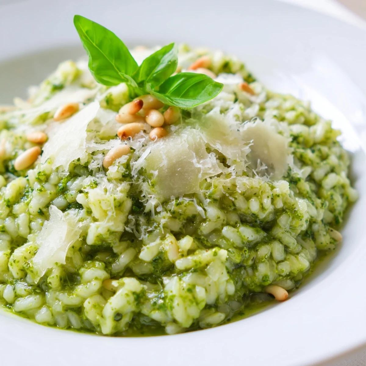 Steaming Italian Arborio rice bowl swirled with vibrant green basil pesto and melted Parmesan