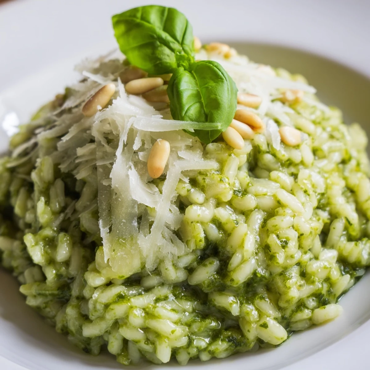 Creamy Parmesan pesto risotto topped with fresh basil and grated cheese in a white bowl