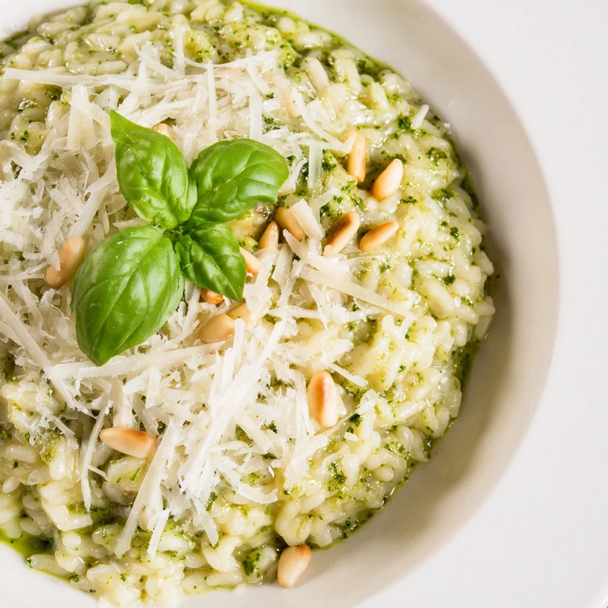 Golden Parmesan pesto risotto served with toasted pine nuts and fresh basil garnish