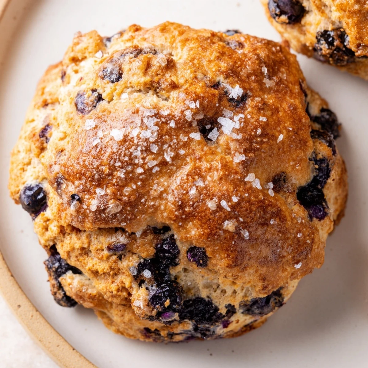 Freshly baked Vietnamese cinnamon blueberry scones with golden crusts and juicy berry pockets