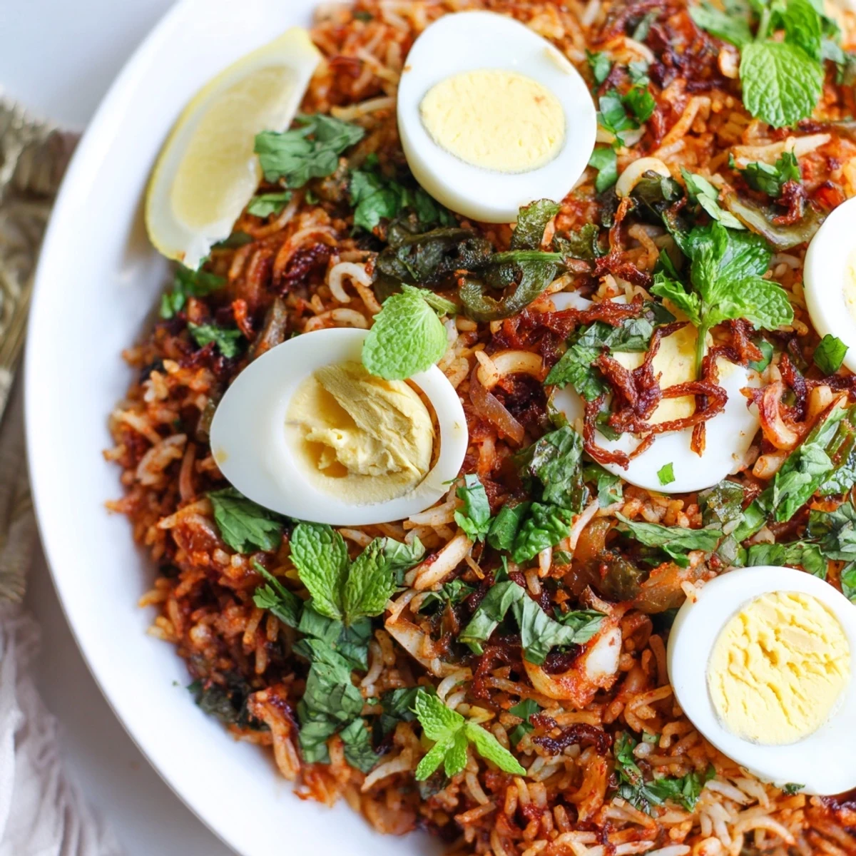 Golden tomato and ginger biryani steaming with fragrant spices and perfectly cooked eggs