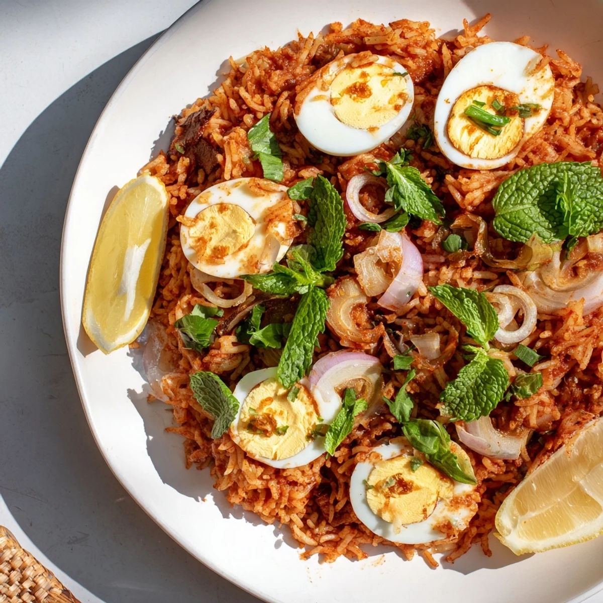 Fluffy basmati rice layered with spiced tomatoes, fresh ginger, and topped with boiled eggs