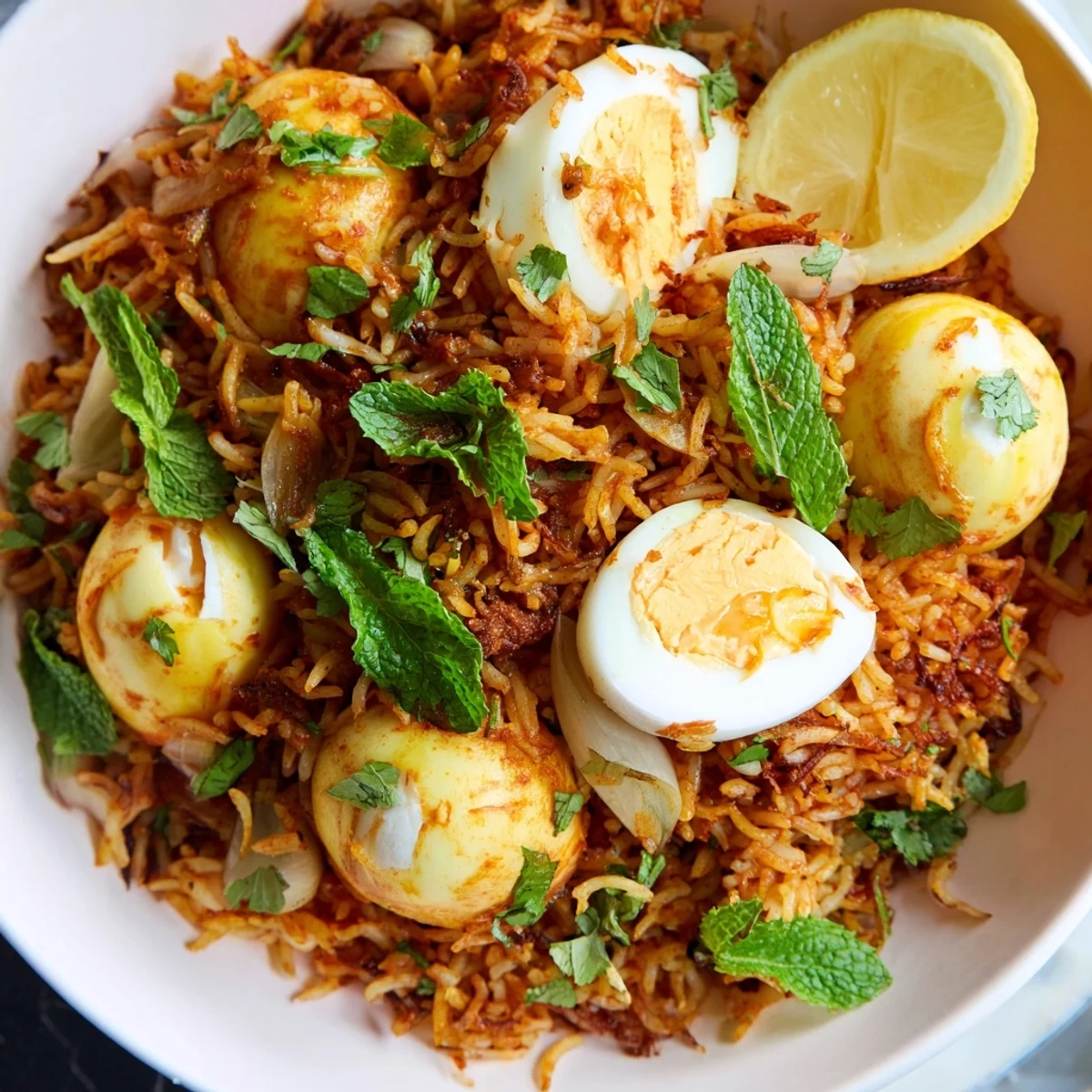Vibrant Indian rice dish featuring juicy tomatoes, aromatic ginger, and tender boiled egg halves
