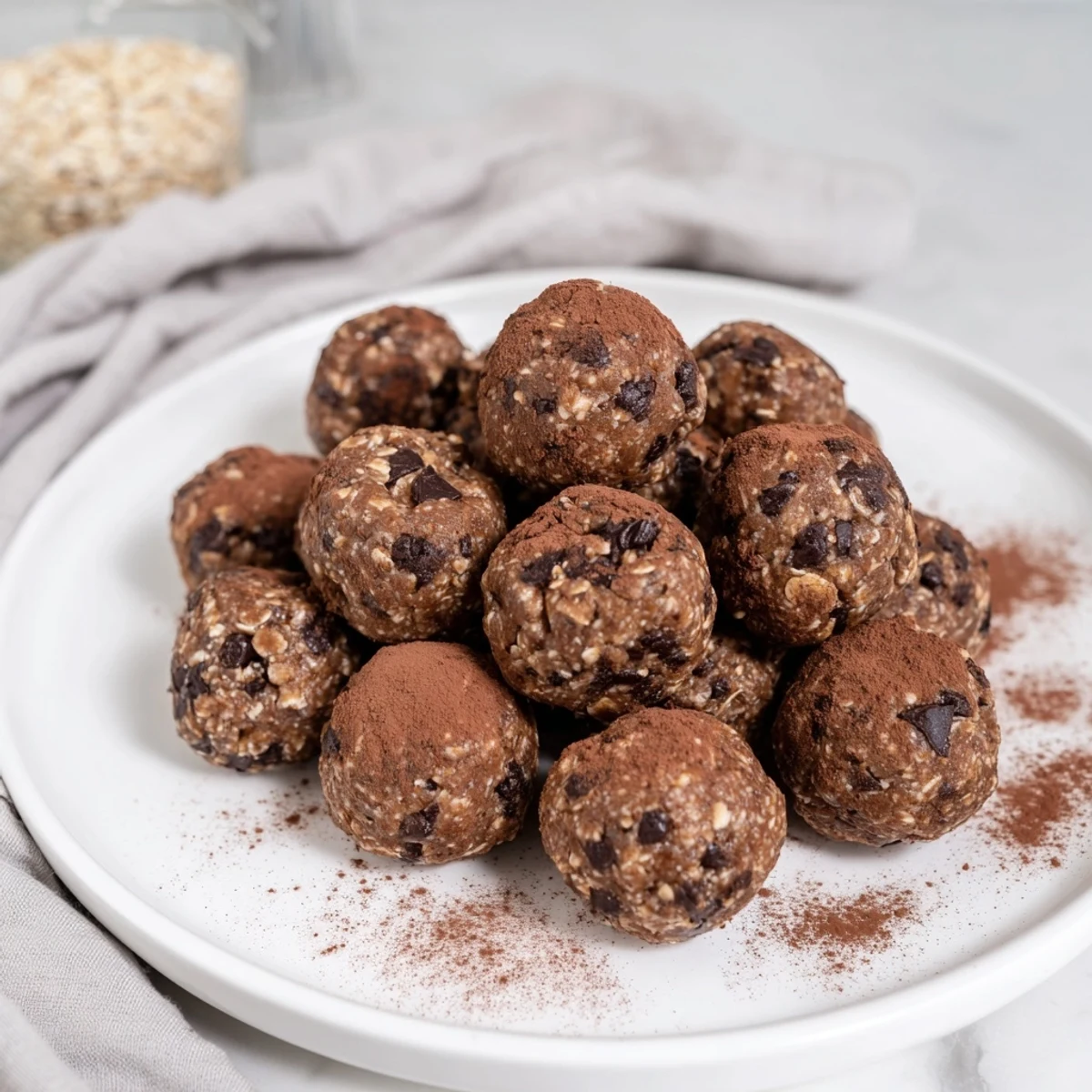 Golden no bake chocolate peanut butter protein balls rolled with mini chocolate chips on a white plate