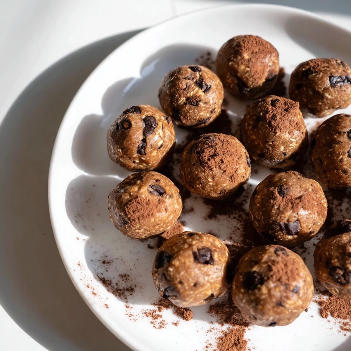 Bite-sized no bake chocolate peanut butter protein balls stacked on a wooden cutting board