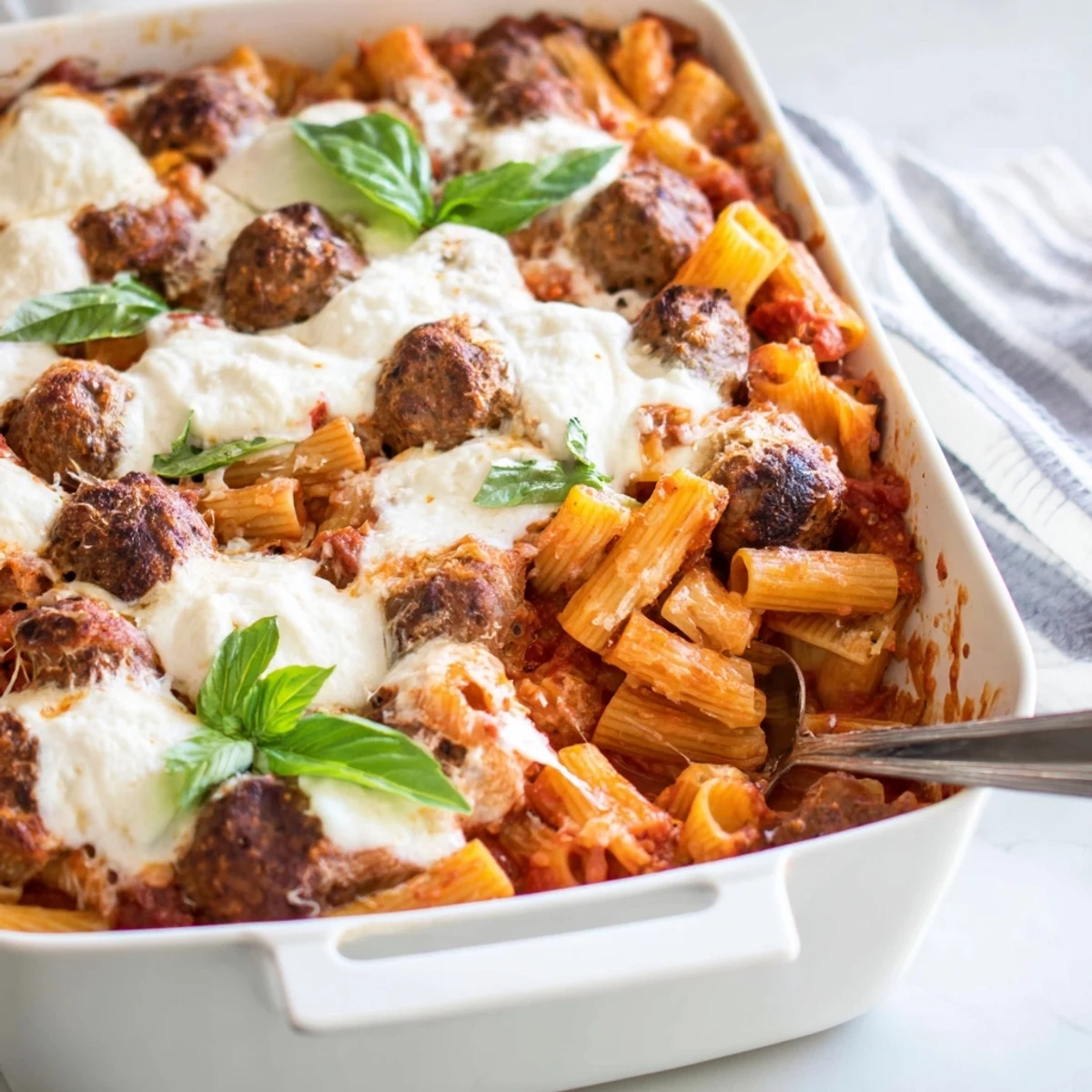 Golden Italian meatball pasta bake with bubbling mozzarella and rich tomato sauce topping
