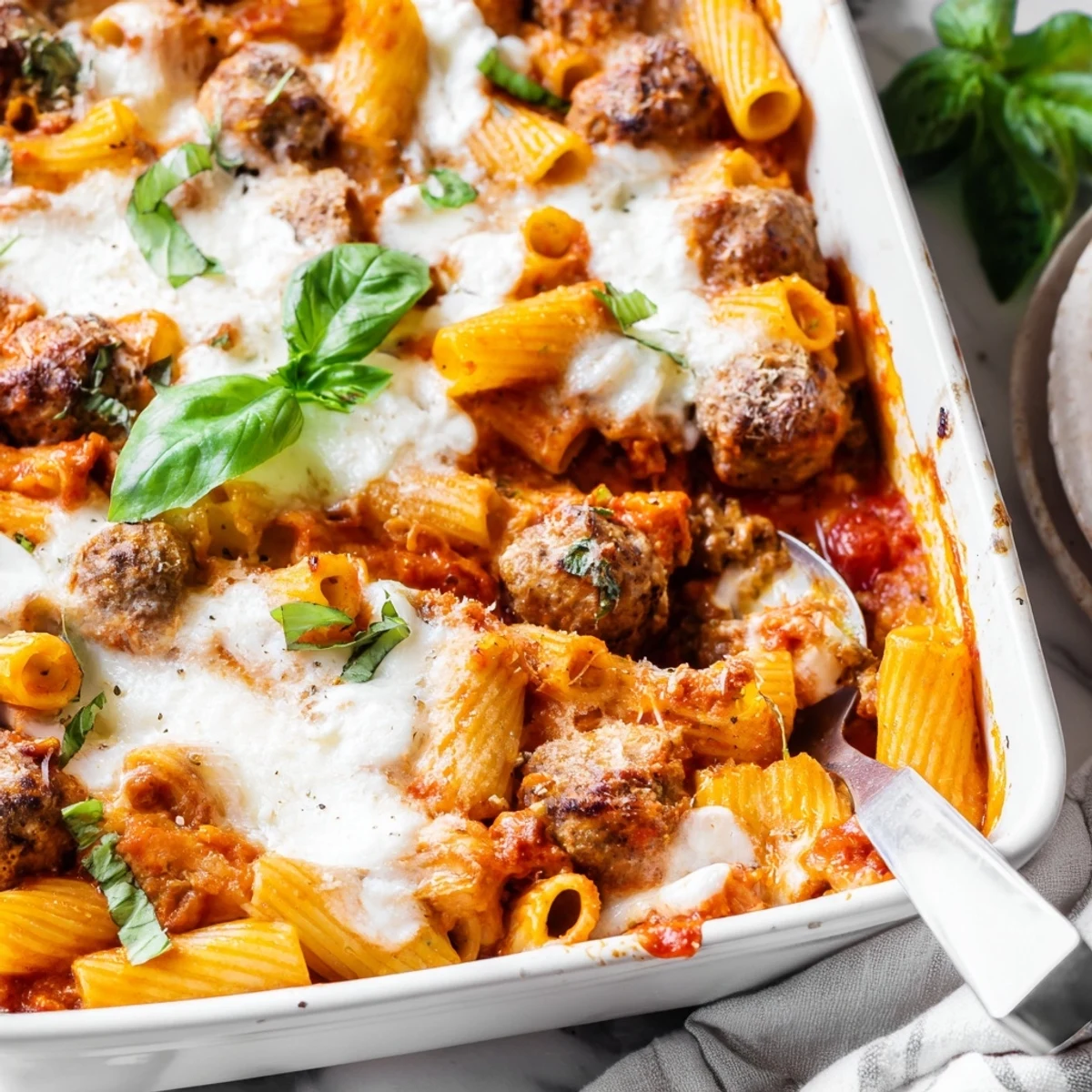 Baked pasta dish featuring tender beef meatballs nestled in tangy tomato sauce with melted cheese