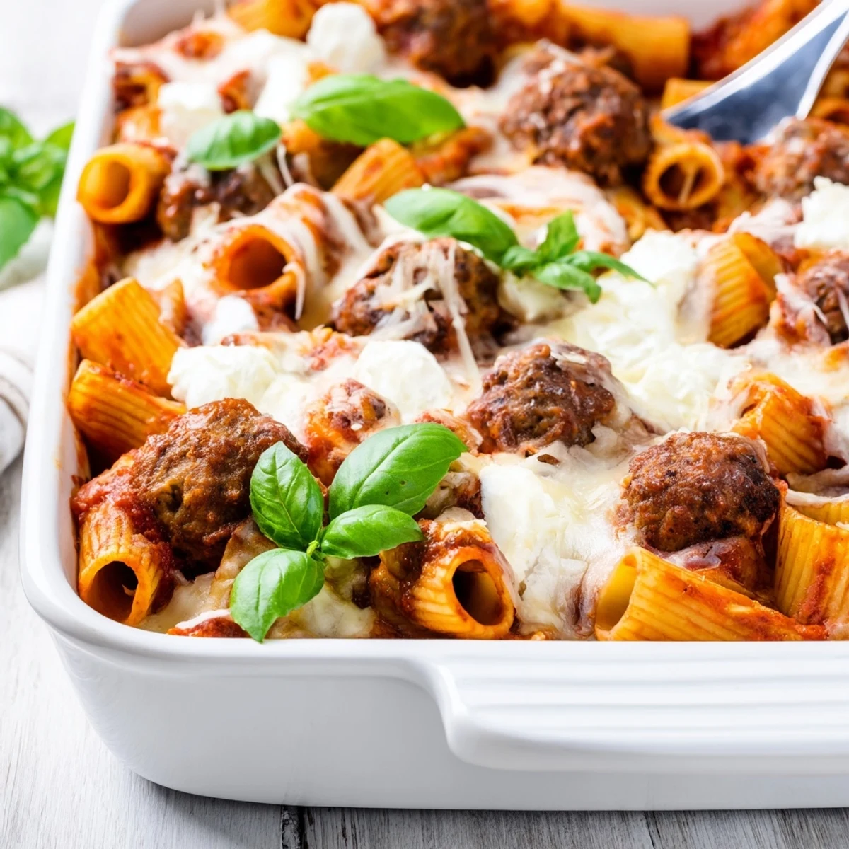 Hearty casserole of al dente penne topped with savory meatballs and a golden cheese crust