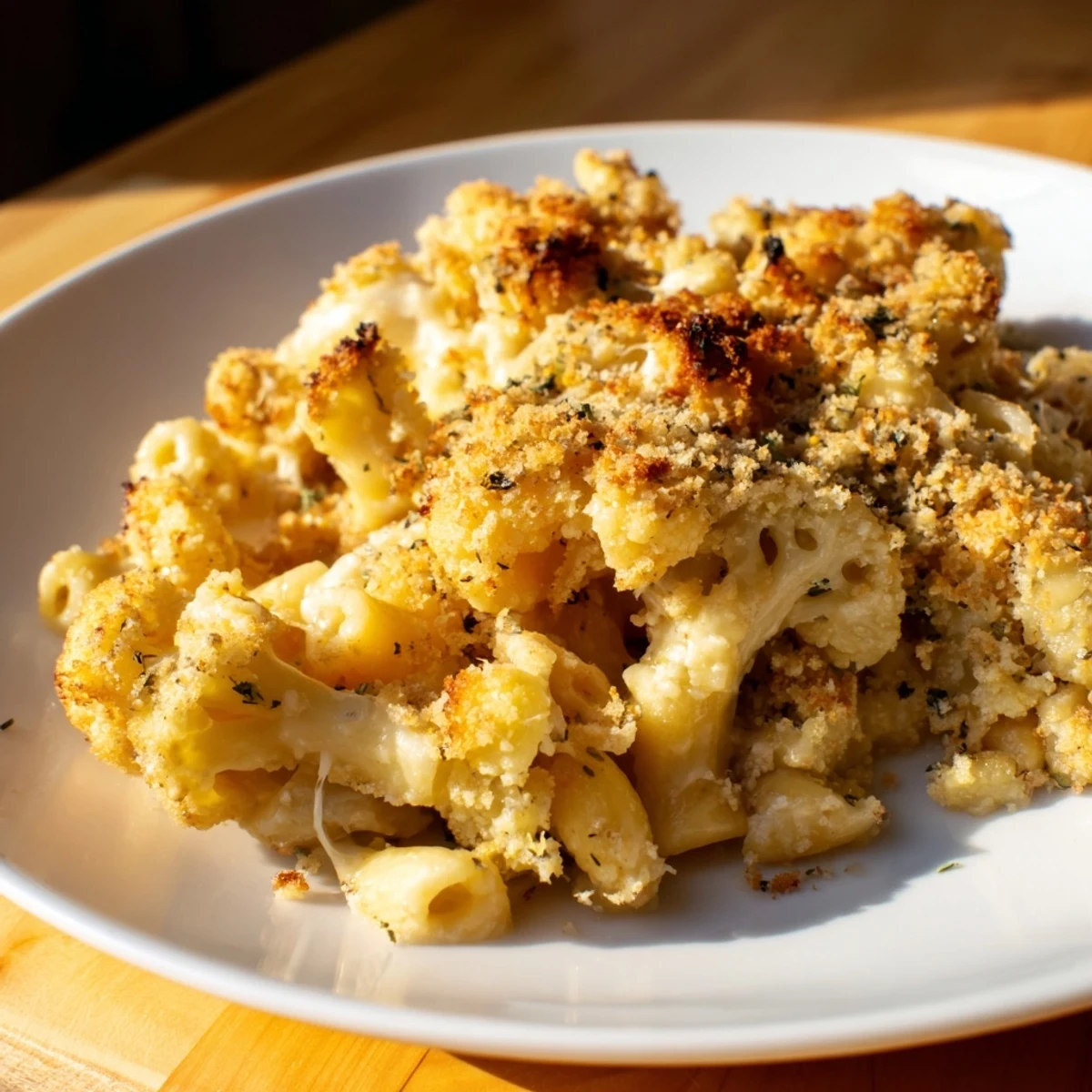 Golden baked cauliflower mac n cheese with melted cheesy topping and tender pasta florets
