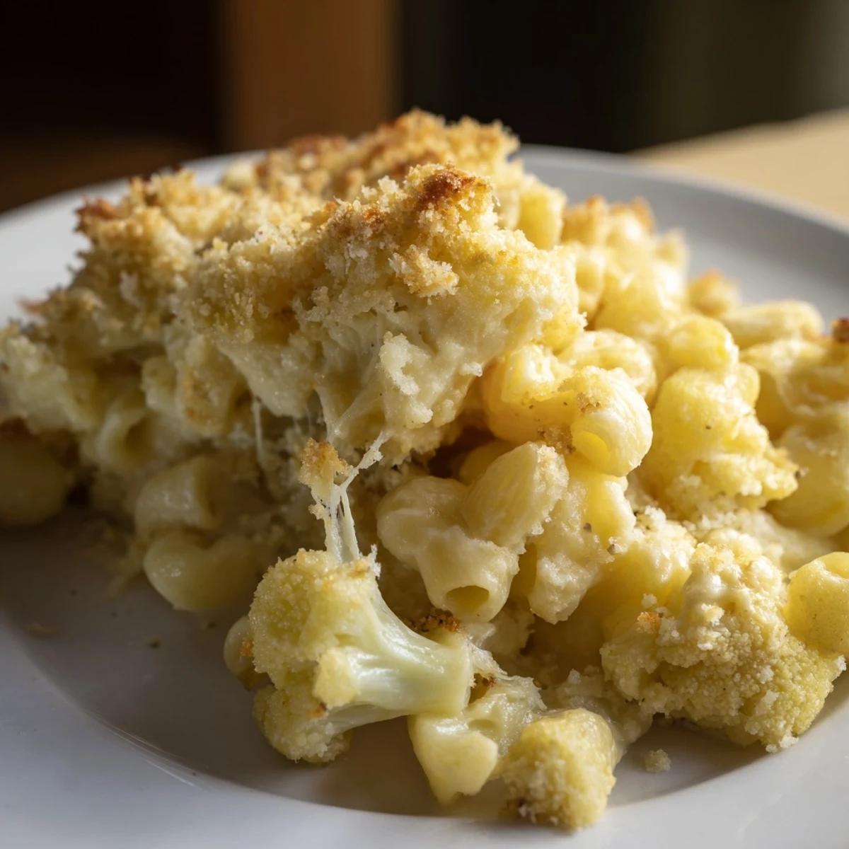 Creamy three-cheese cauliflower mac n cheese casserole bubbling in a white baking dish