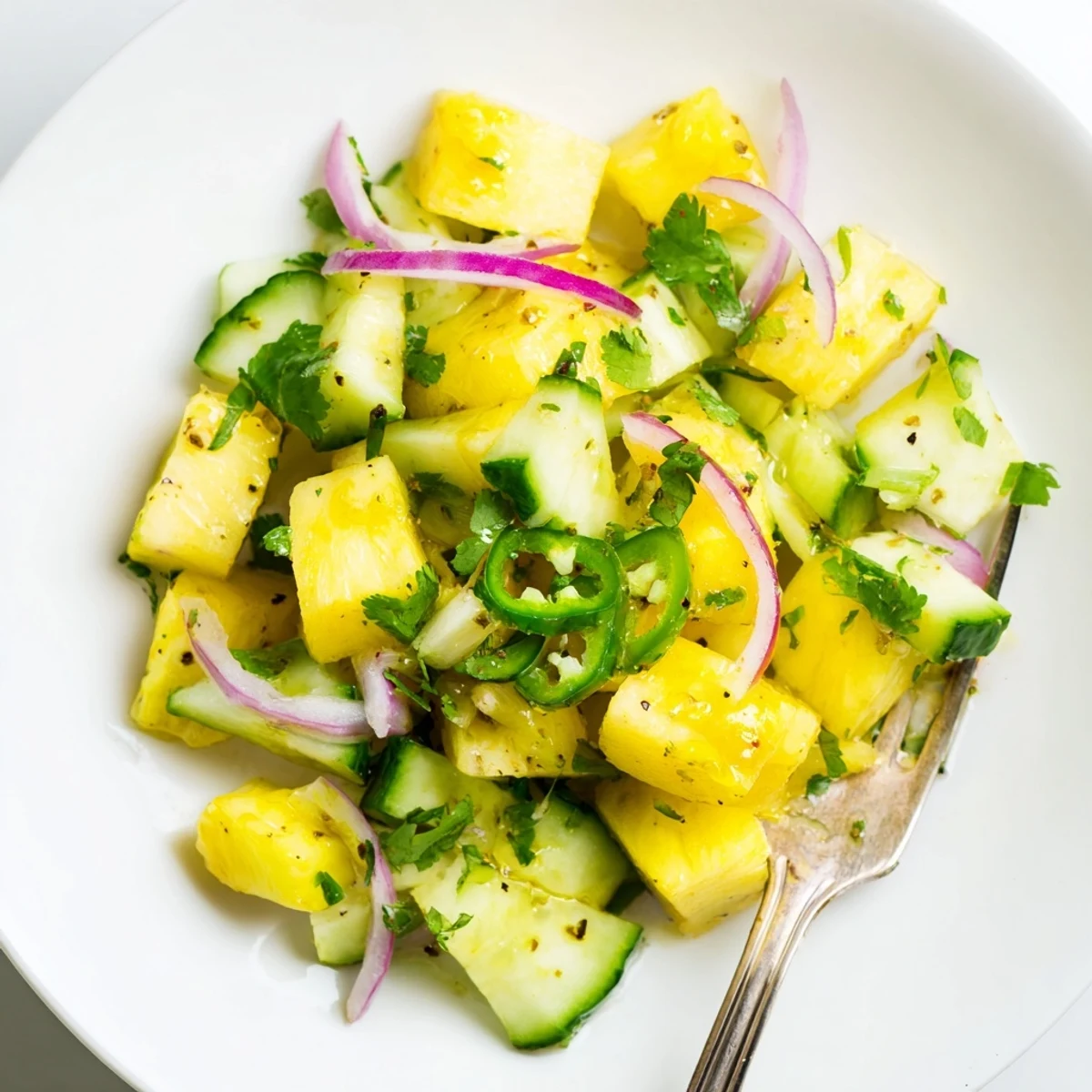 Vibrant bowl of juicy pineapple and crisp cucumber cubes drizzled with tangy lime honey dressing