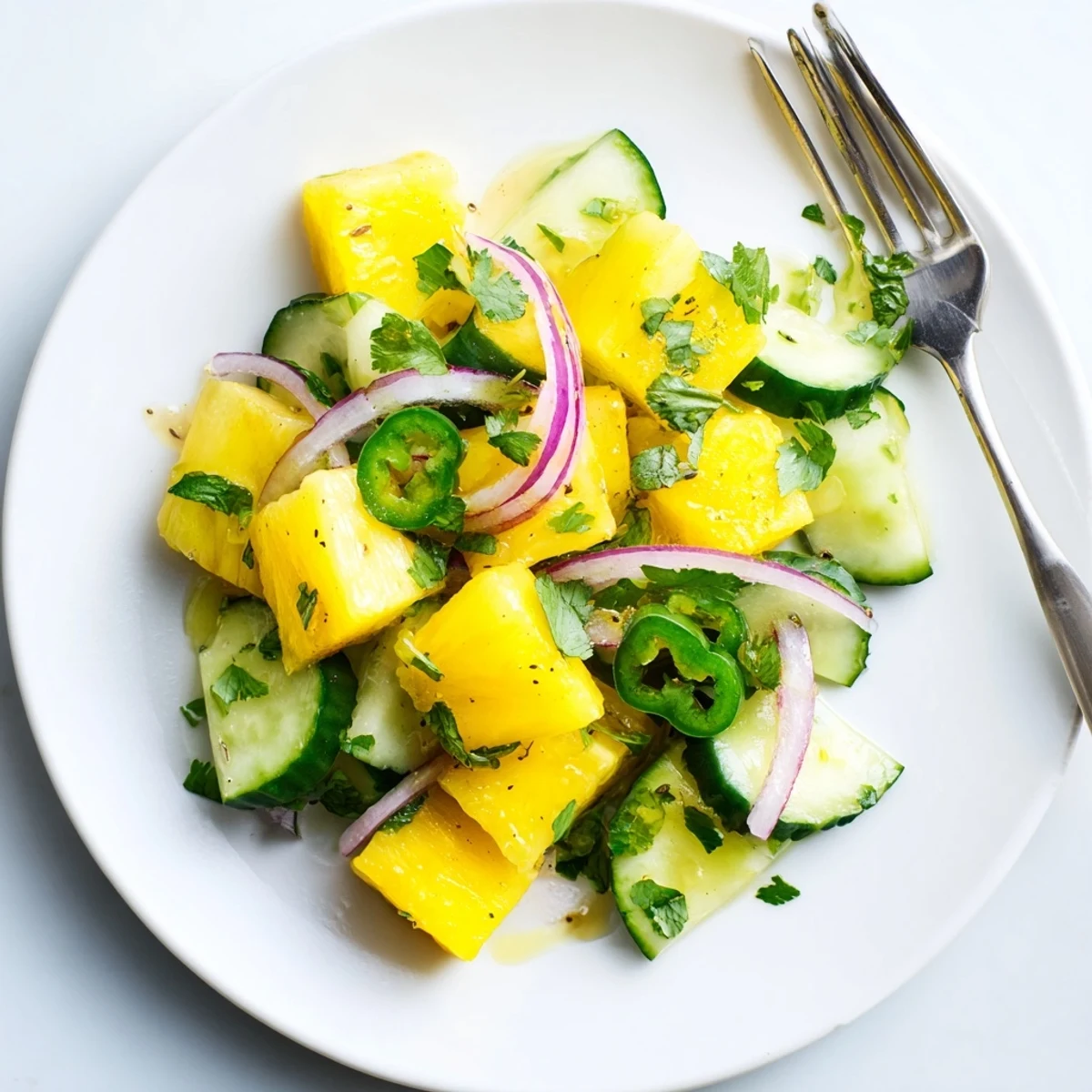 Refreshing summer pineapple cucumber salad featuring fresh diced produce and bright green cilantro garnish