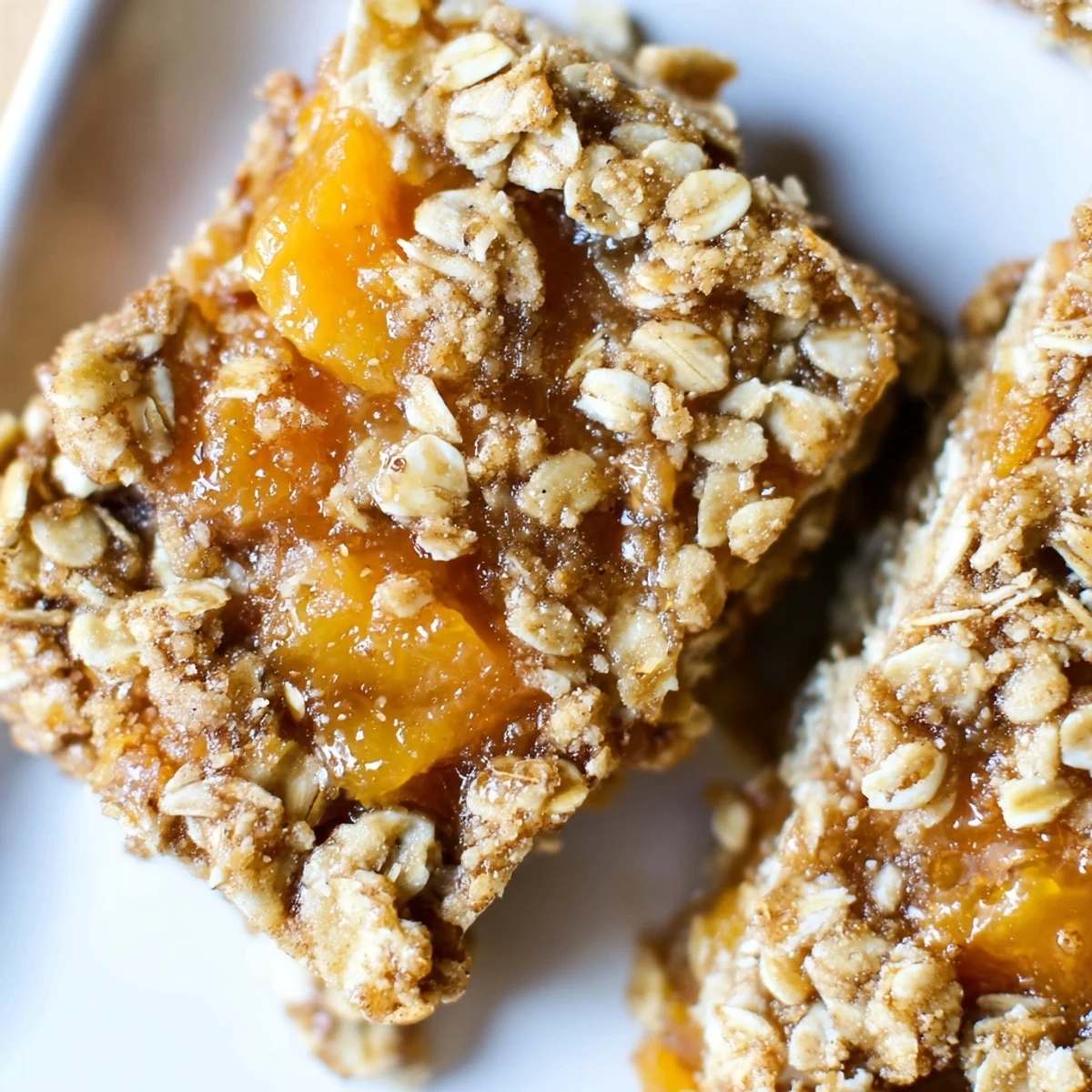 Golden gluten-free oatmeal apricot bars with crumbly oat topping and sweet apricot jam layer