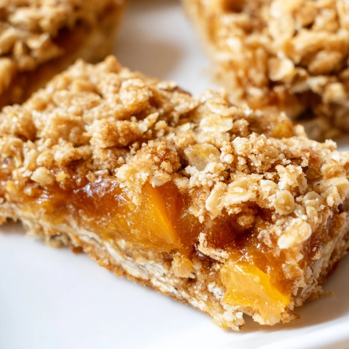 Chewy homemade gluten-free oatmeal apricot bars sliced into squares on a white serving plate
