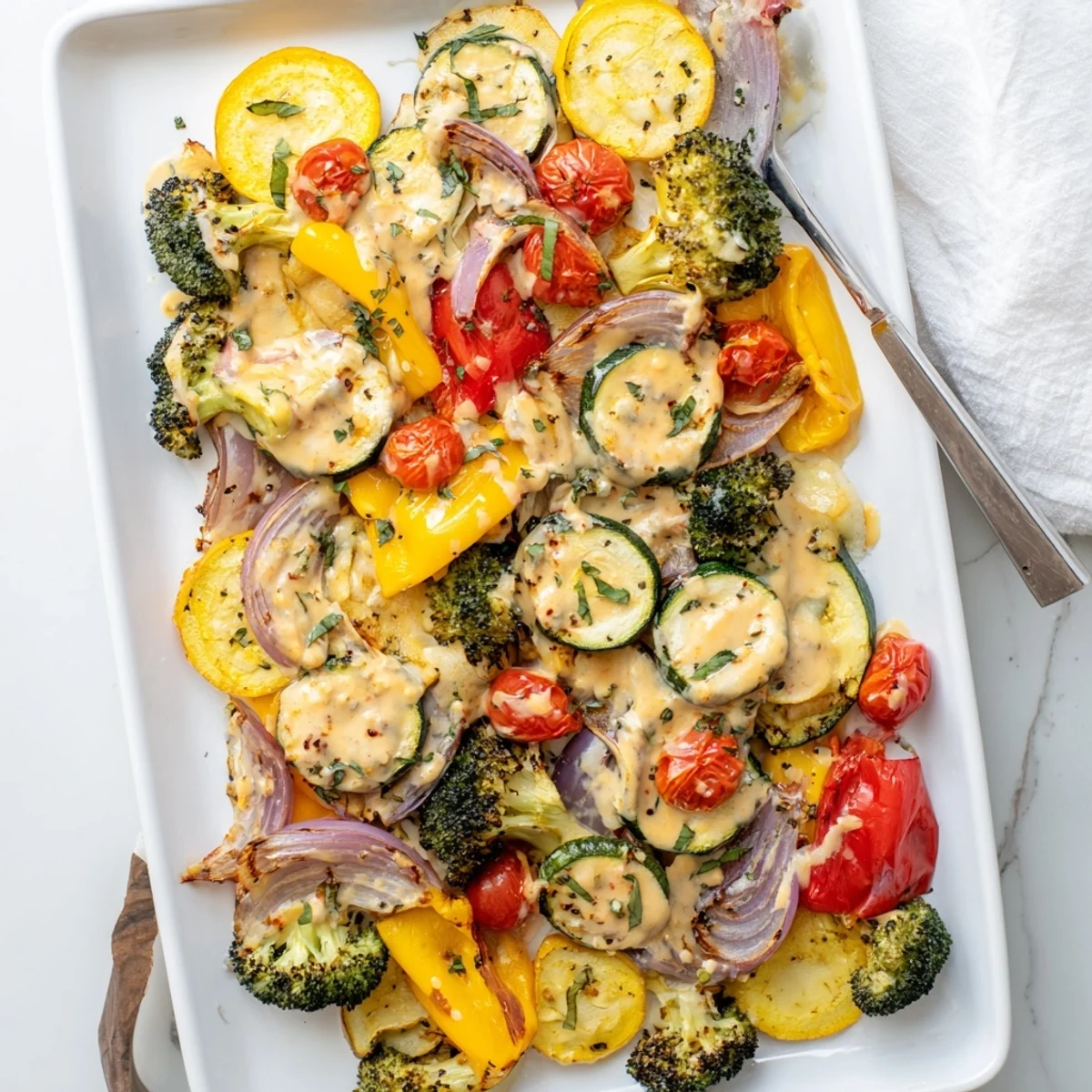 Golden oven-roasted vegetables drizzled with creamy sun-dried tomato sauce and fresh basil