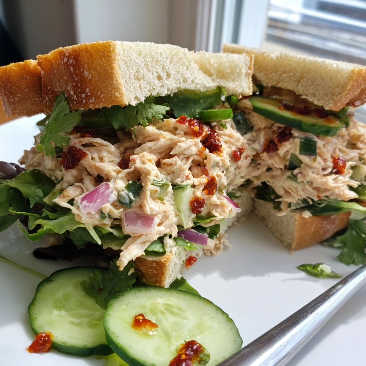 Golden chicken salad sandwich piled high with crisp vegetables and spicy chili crisp drizzle