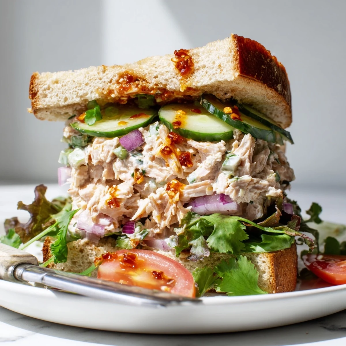 Toasted chicken salad sandwich with greens, tomato, and a generous chili crisp swirl