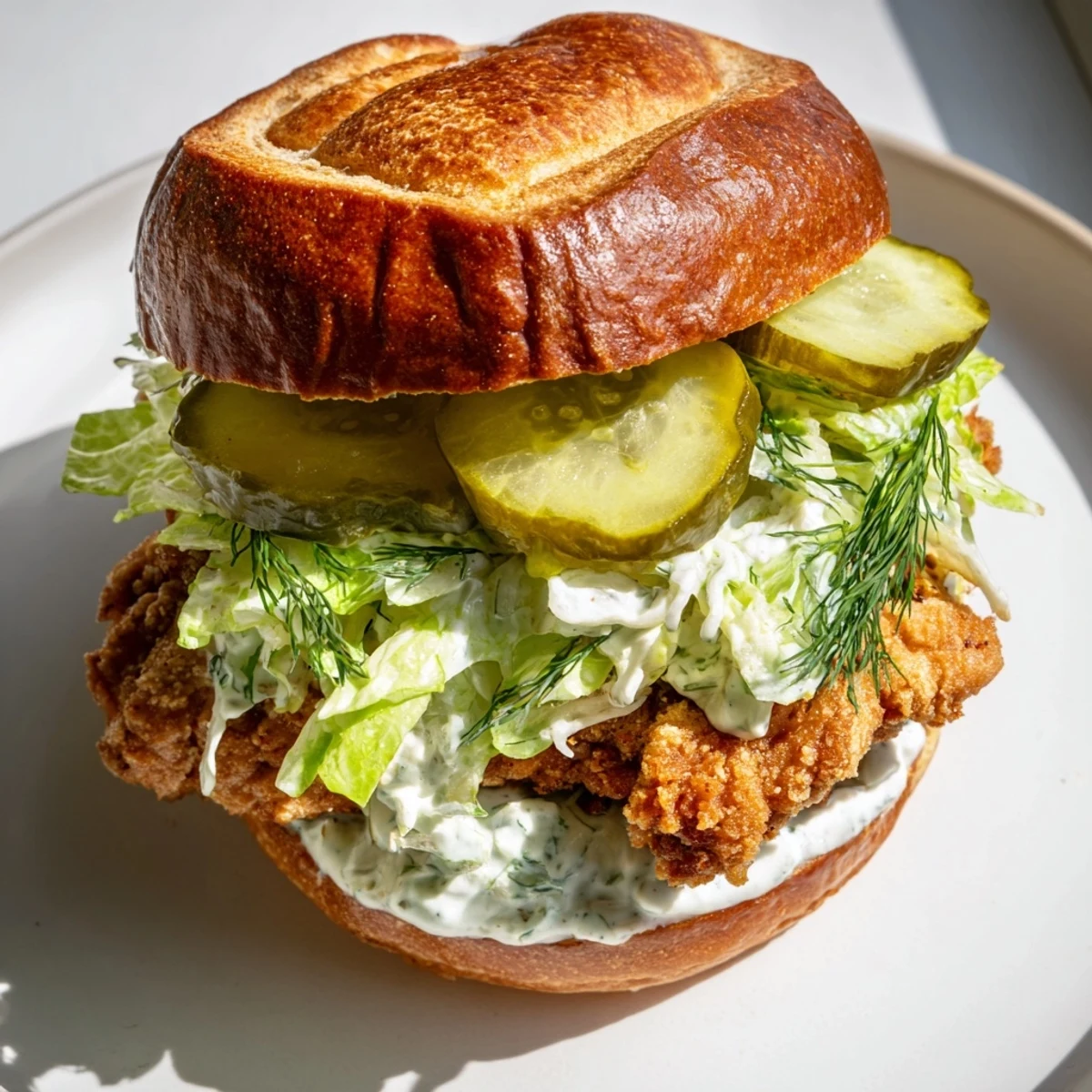 Golden brown crispy dill chicken sandwich layered with tangy pickles and fresh lettuce on toasted brioche bun