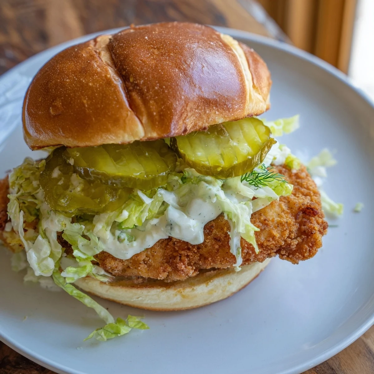 Homemade crispy dill chicken sandwich featuring crunchy fried chicken breast with creamy dill mayo and pickle slices