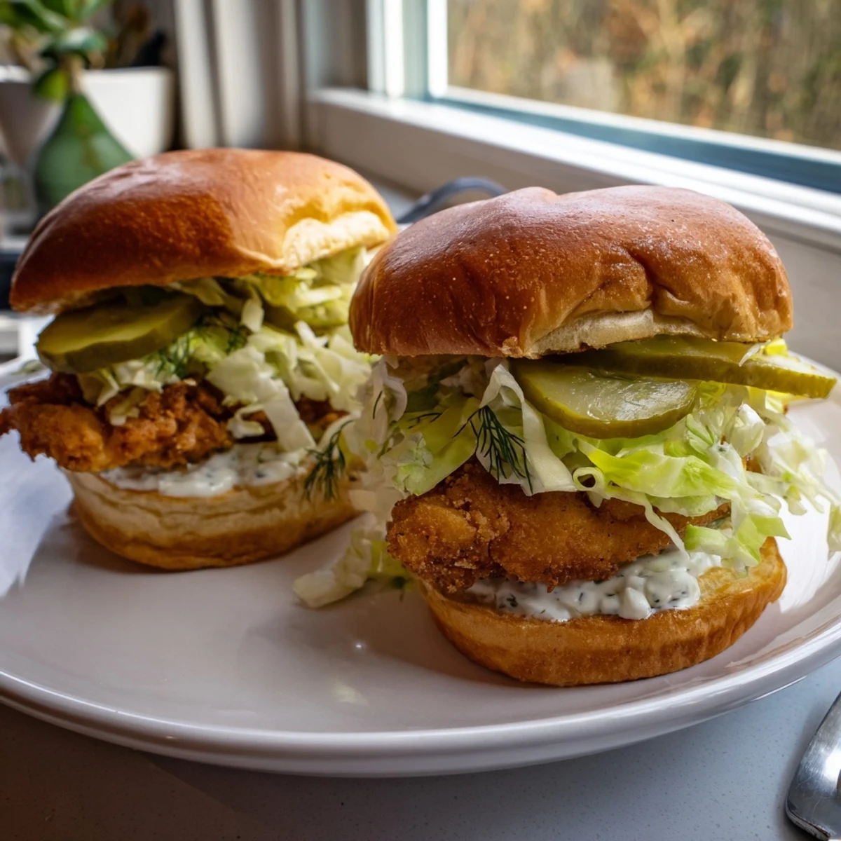 Stacked crispy dill chicken sandwich with golden fried chicken fresh dill sauce and crisp lettuce on soft bun