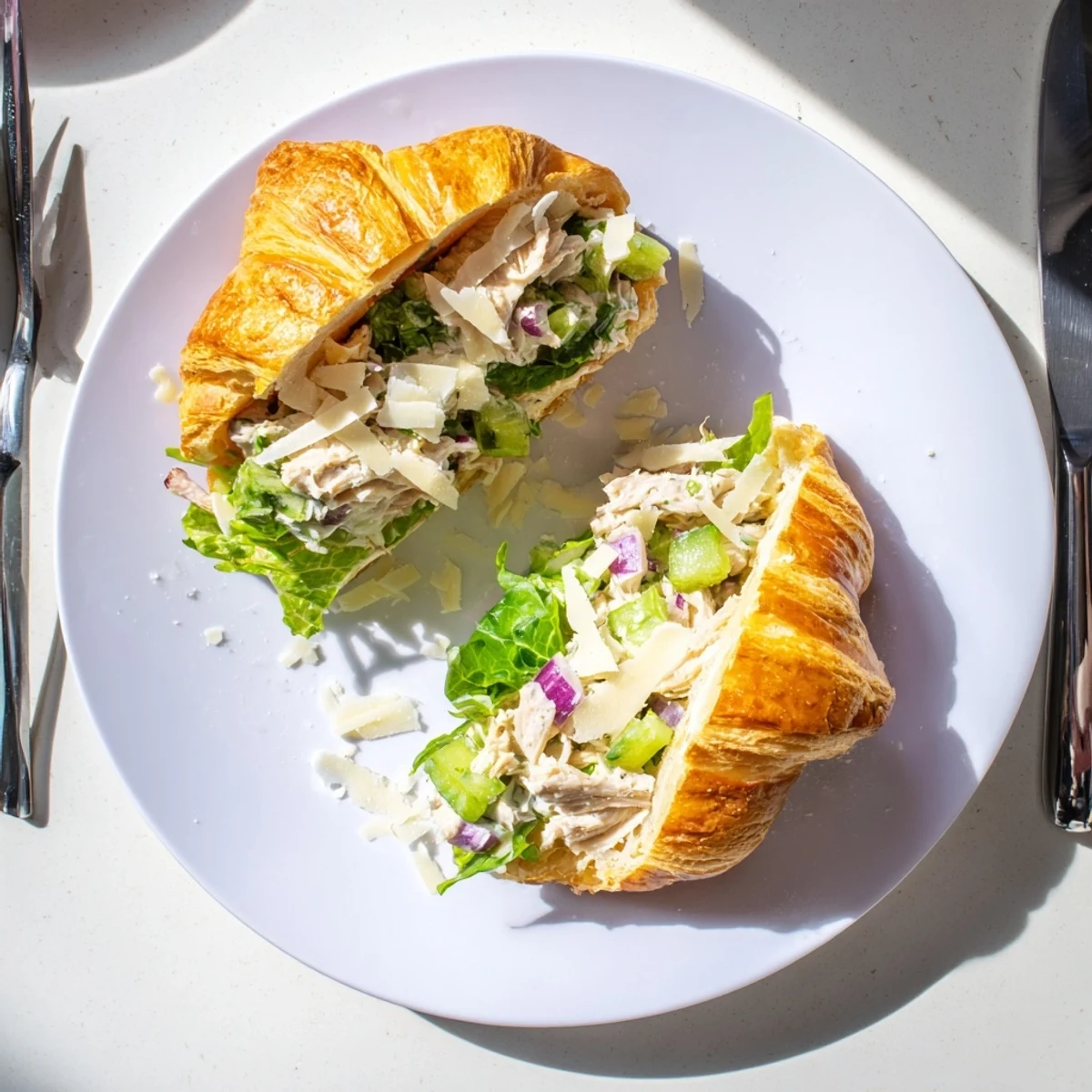 Flaky buttery croissant sandwich stuffed with creamy chicken Caesar salad and crisp romaine lettuce
