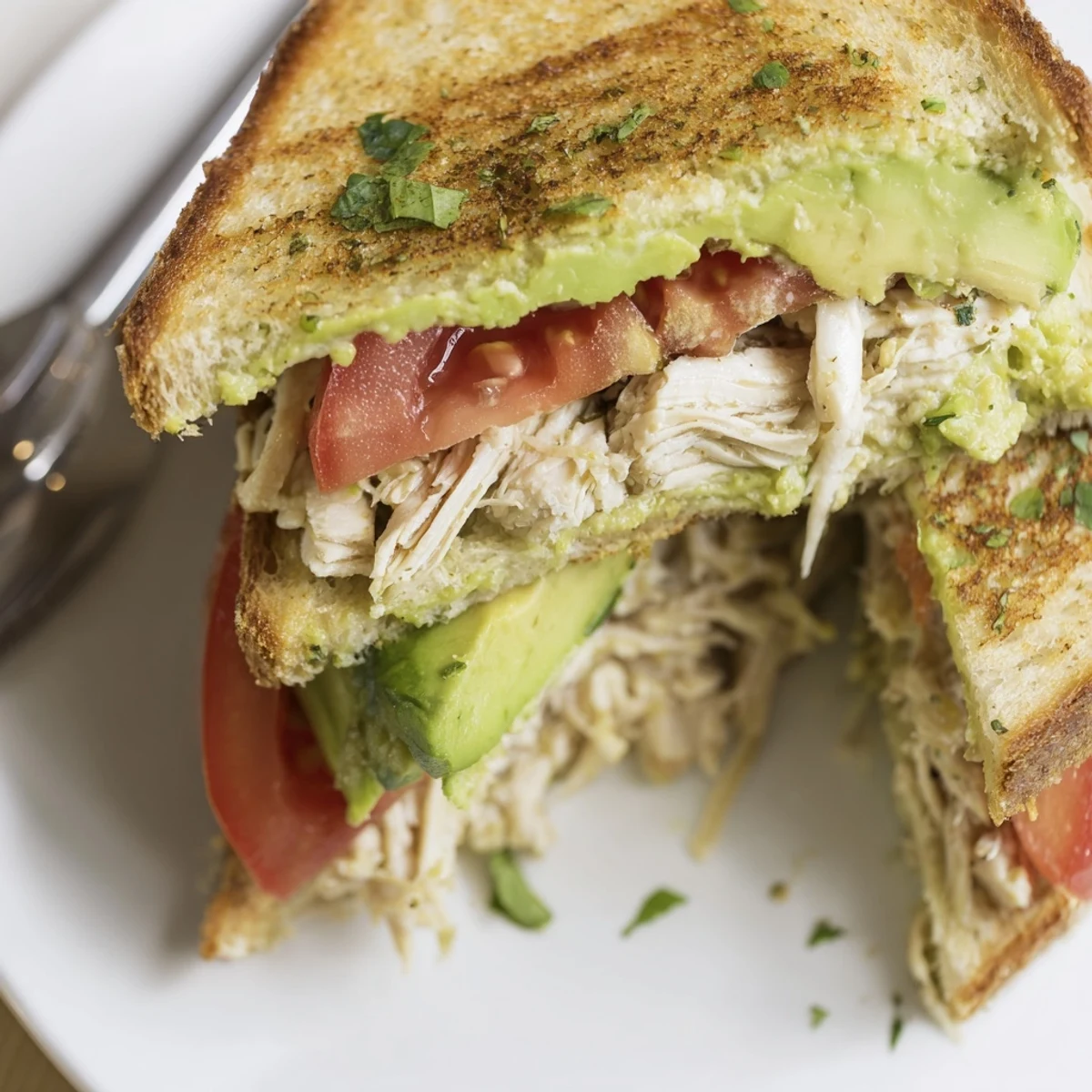 Sliced chicken breast sandwich stacked with fresh creamy avocado and melted cheese on grilled bread