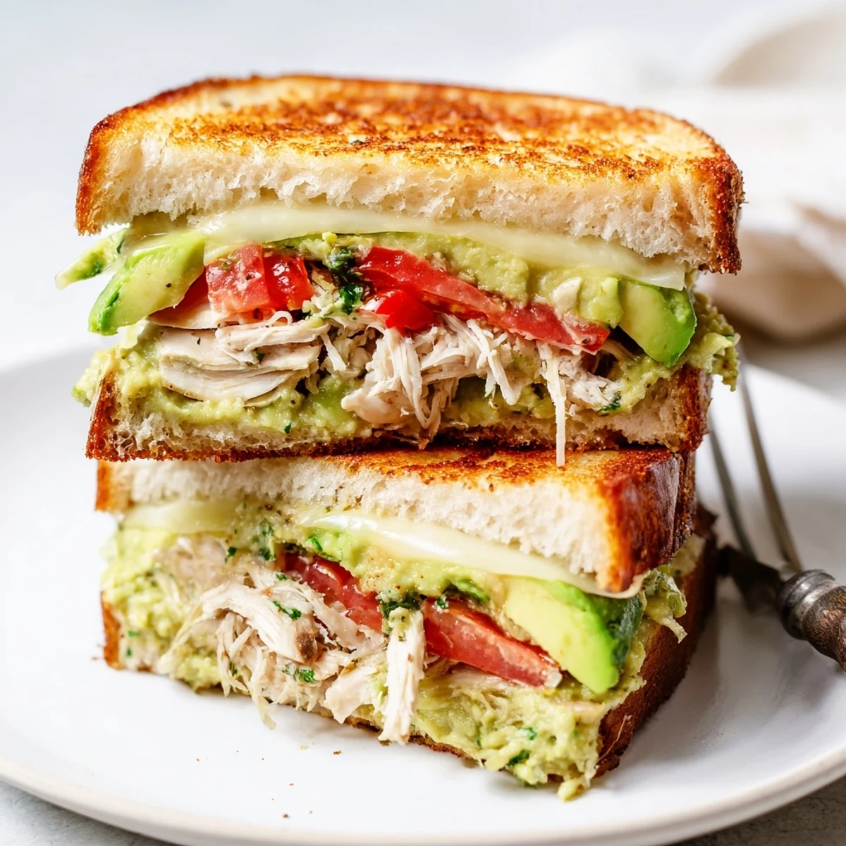 Warm open-faced chicken avocado melt featuring juicy poultry, ripe avocado slices, and bubbling golden cheese