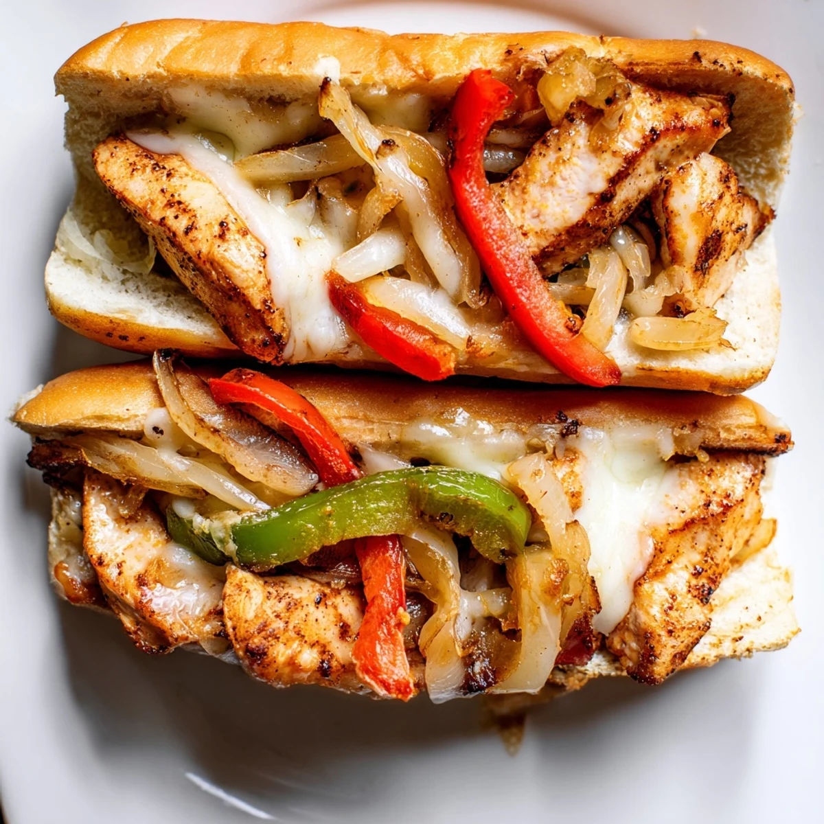 Golden brown chicken cheesesteak sandwiches overflowing with melted provolone and sautéed colorful bell peppers