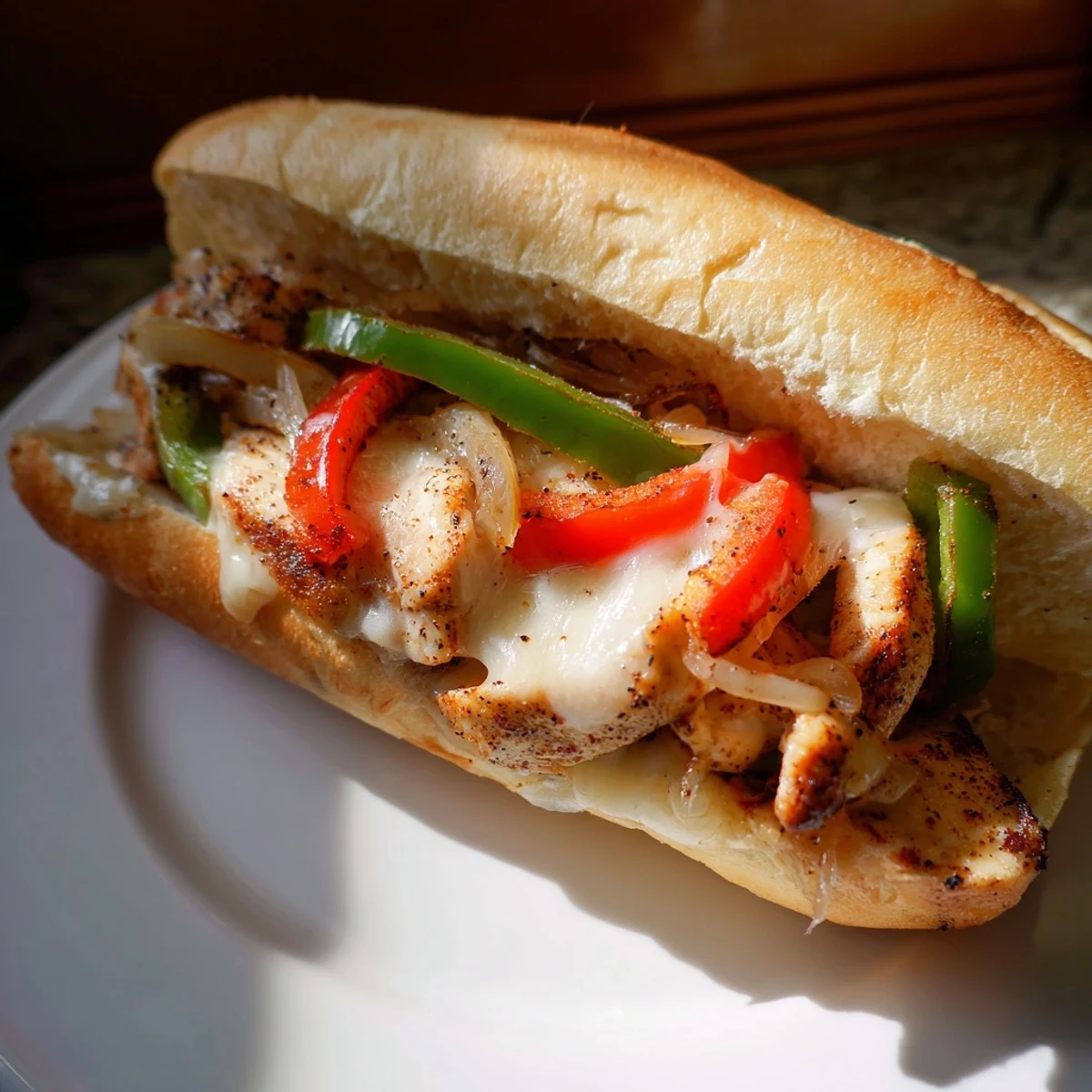 Toasted hoagie roll piled high with seasoned chicken strips, caramelized onions, and gooey cheese